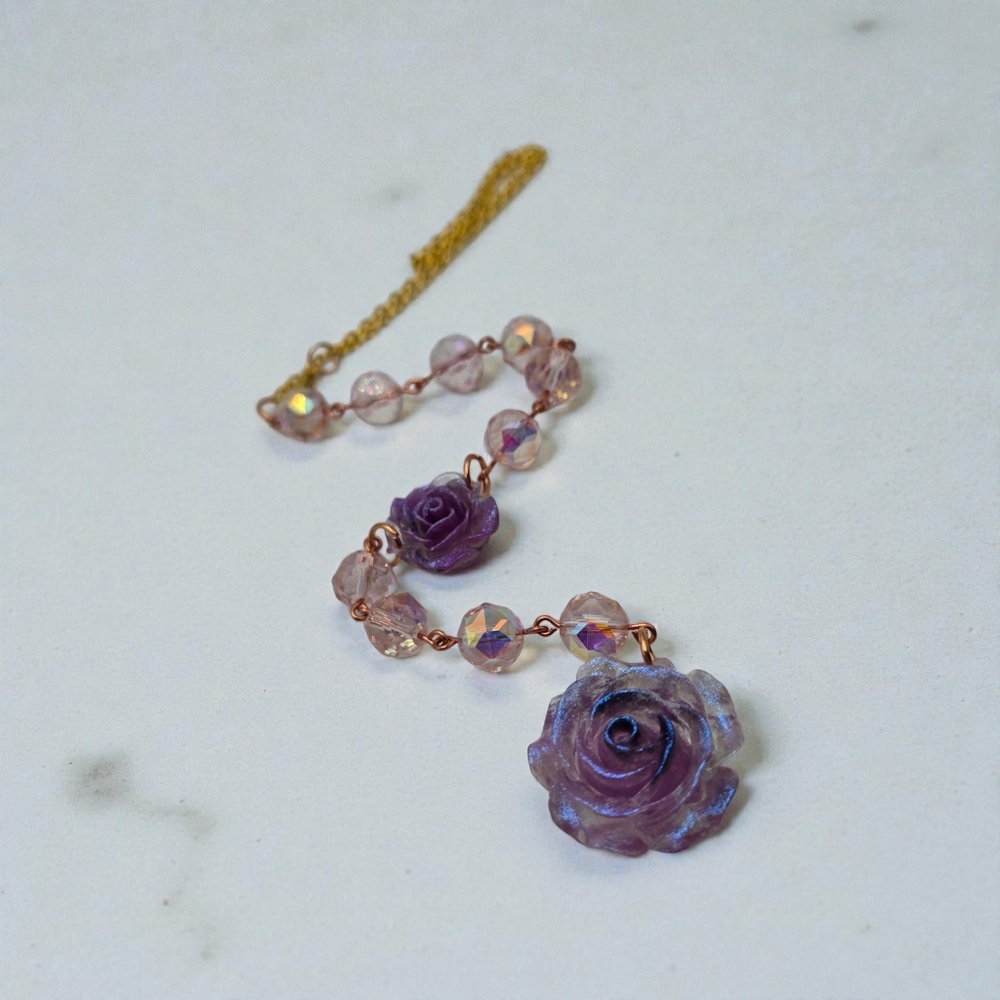 Purple Rose Car Charm – Handmade Beaded Rearview Mirror Floral Accessory